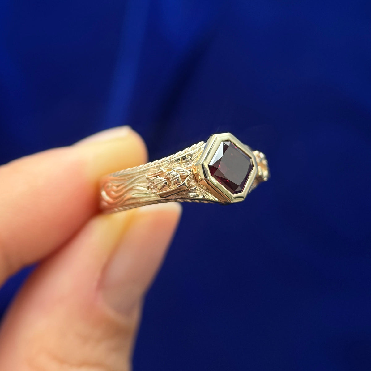 14k Yellow Gold and 1ct Red Asscher Lab Diamond on Tapered Band Ship, Waves, Anchor, Flower, Rope Engraved inside and outside Custom Ring, size 5.85