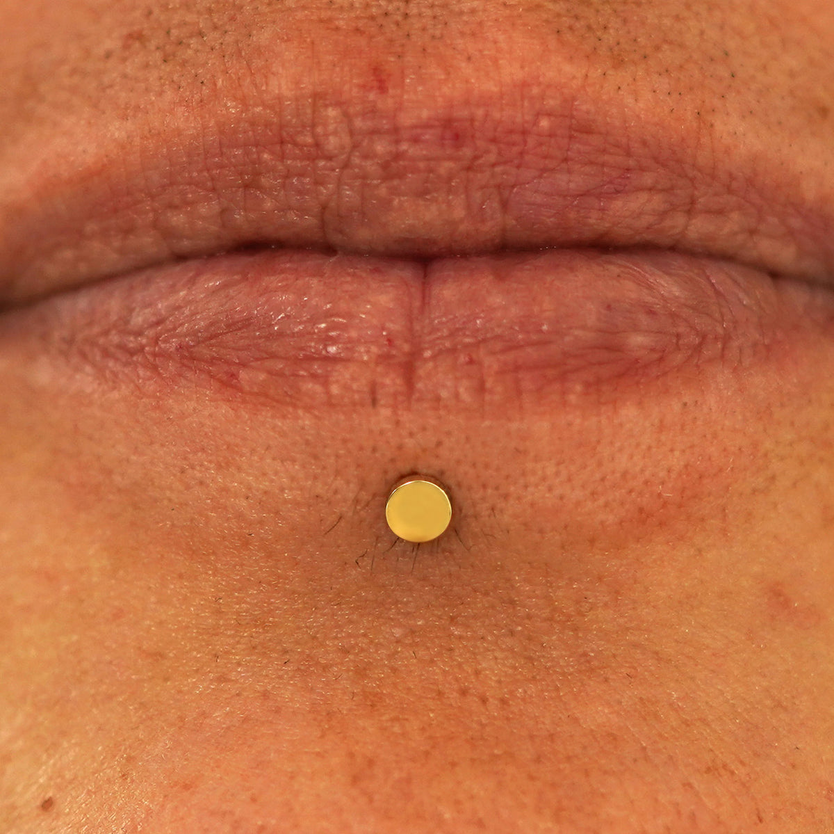 Close up view of a model's lips wearing a 14k yellow gold Small Circle Flatback in a labret piercing