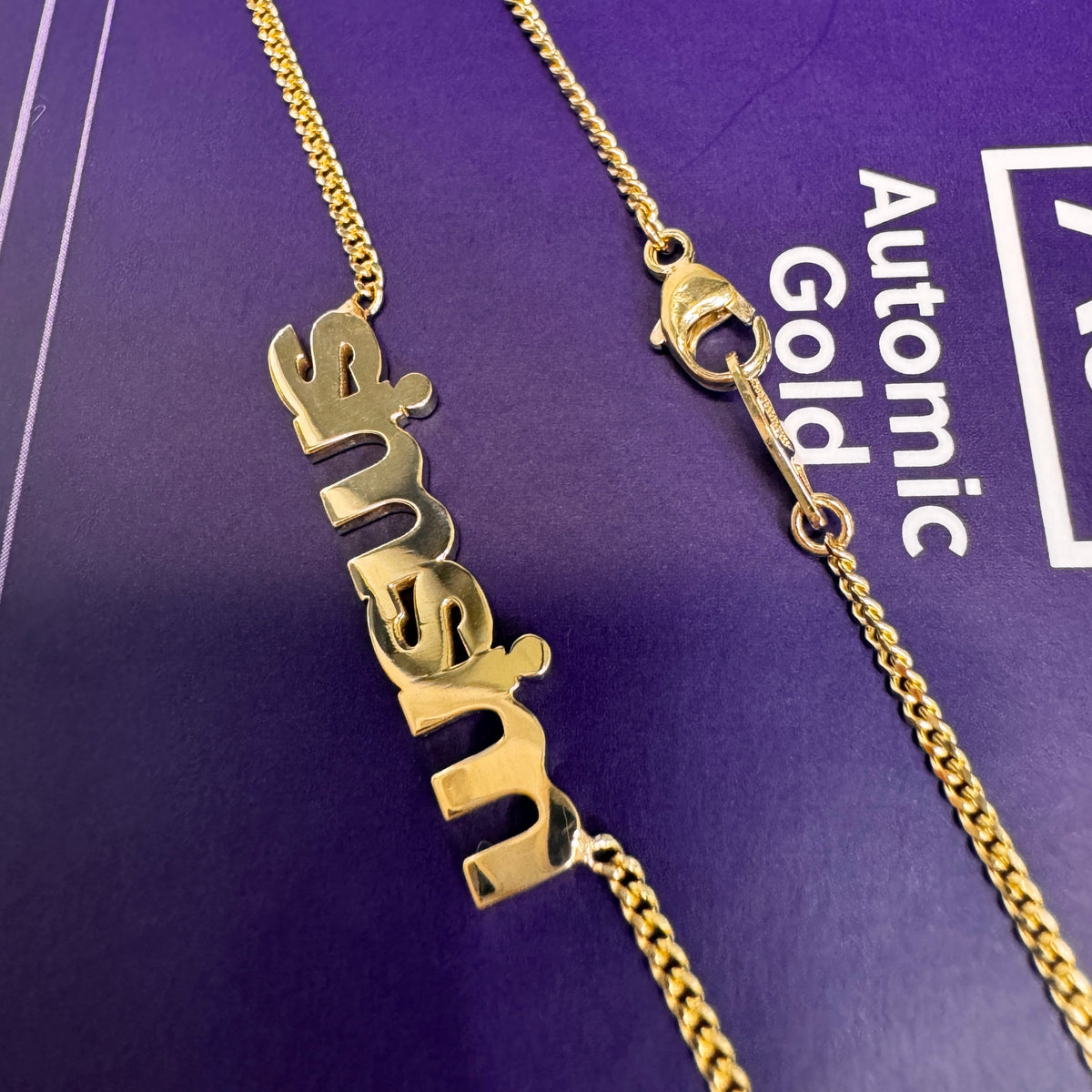 14k Yellow Gold ”simsim” Small Custom Nameplate on Mini Miami 18” Necklace
