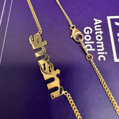 14k Yellow Gold ”simsim” Small Custom Nameplate on Mini Miami 18” Necklace