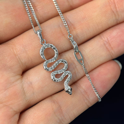 14k White Gold 1" tall Custom Snake Pendant with Black Diamond eyes & Mini Miami Chain - 14k White Gold / 20 inch
