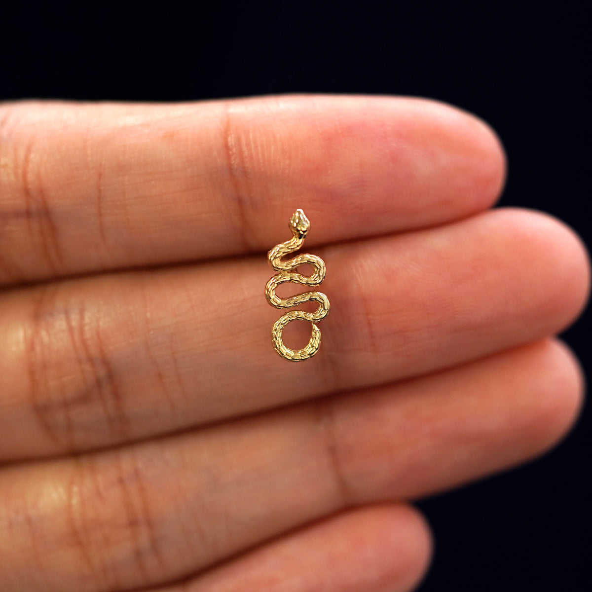 A solid 14k yellow gold Snake Earring in between a model's fingers