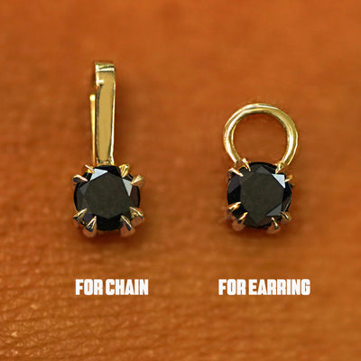 Two 14 karat solid gold Black Diamond Charms shown in the For Chain and For Earring options
