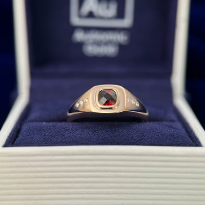 14k Rose Gold & Bezel-set 6mm Square Garnet with 10pc 1.2mm White Diamonds 9mm Tapered Band Custom Ring in a blue ring box