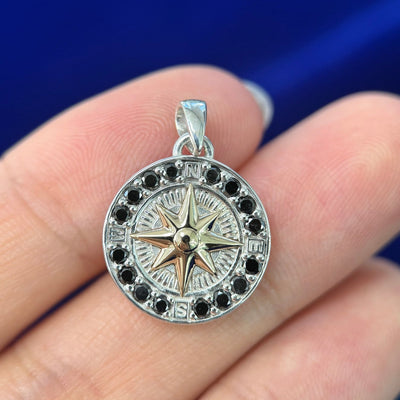 925 Sterling Silver Compass with 14k Yellow Gold Rose 2mm Black Pave Diamonds Rim Custom Pendant