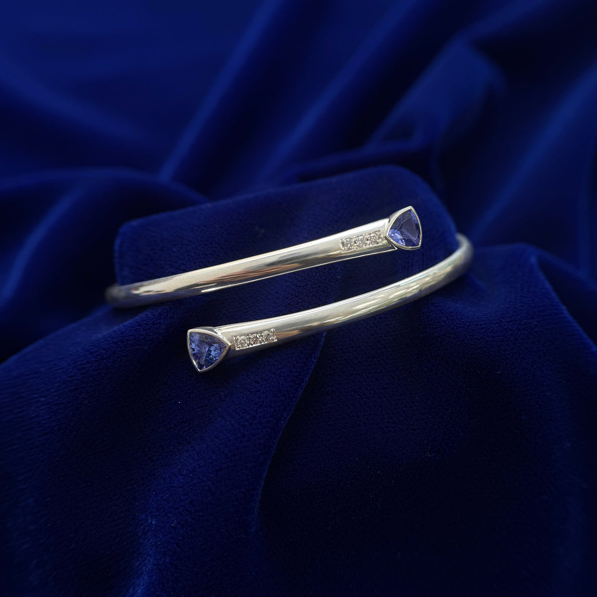 925 Sterling with Silver Rhodium finish and Bezel set 2pc Customers Tanzanites and Customers 10pc Diamonds on Custom Open Bangle, fit for 8inch wrist