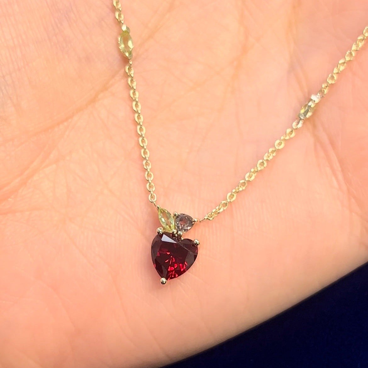 14k Yellow Gold Garnet Heart with Peridot Leaf with Brown Topaz Stem Custom Apple Charm with Gem Leaves Cable Chain Necklace