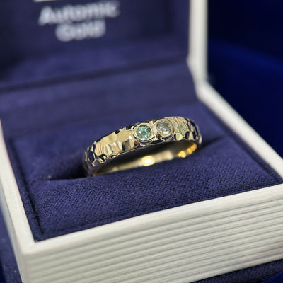 14k Yellow Gold & Bezel-low-set Round 2.5mm Teal Sapphire & 2.5mm Salt-and-pepper Diamond on 5mm Curvy Hammered Band Custom Ring