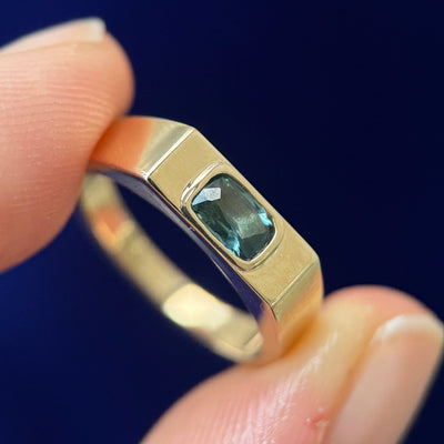 14k Yellow Gold with Flash-set 0.40ct Teal Sapphire on Custom Rectangular Signet Ring, size 5.25