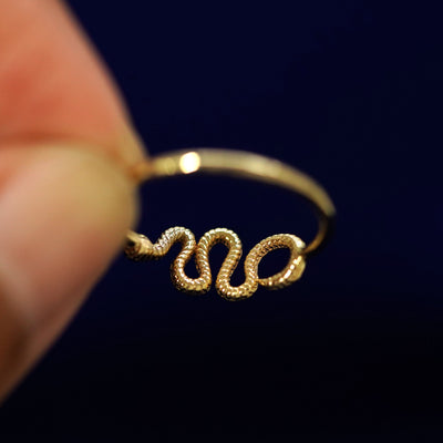 Underside view of a solid 14k gold Snake Ring