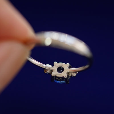 Underside view of a solid 14k gold Three Stone Sapphire Ring