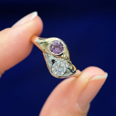 14k Yellow Gold & 950 Platinum & 5mm Round Lab Ruby and Lab Diamond Toi-et-moi Custom Ring in model's hand