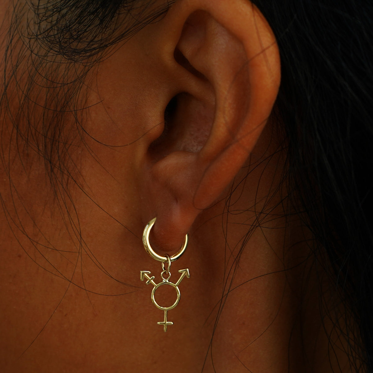 A model's ear wearing a yellow gold Trans Symbol Charm on a Curvy Huggie Hoop