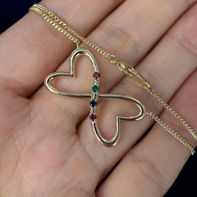 14k Yellow Gold Custom Two-hearts Pendant w/ 2mm Round Sapphire,Emerald & Rubies on 17” Mini Miami Chain