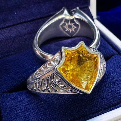 925 Sterling Silver 10mm Shield Cut Citrine with Moon Engravings and 10mm Shield Cut Amethyst with Sun Engraving Custom Matching Rings