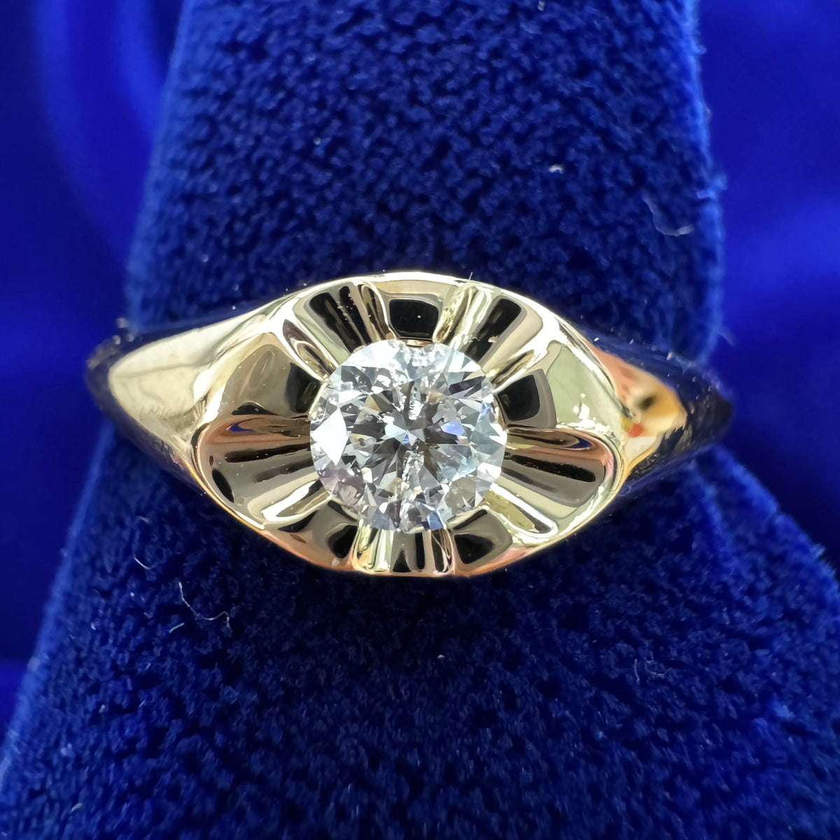 14k Yellow Gold 3mm Round Diamond set in Gutter Petals Custom Signet-style Vintage Inspired Engagement Ring, size 6.25