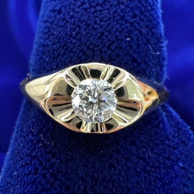 14k Yellow Gold 3mm Round Diamond set in Gutter Petals Custom Signet-style Vintage Inspired Engagement Ring, size 6.25