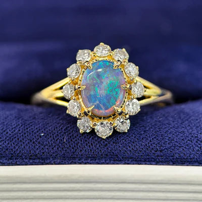 14k Yellow Gold 0.72ct 8x6.4mm Oval Australian Opal with Round Diamonds on 2mm Curvy Band Size 9.25