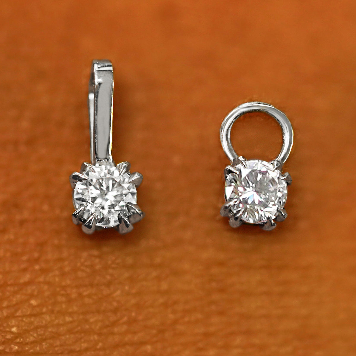 Two white gold Diamond Charms shown in the For Chain and For Earring options