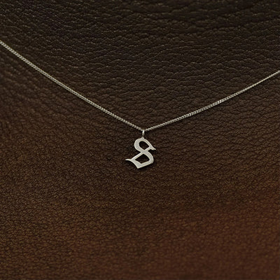 Close up view of a model's neck wearing a 14k solid white gold Initial Charm Necklace in the letter S