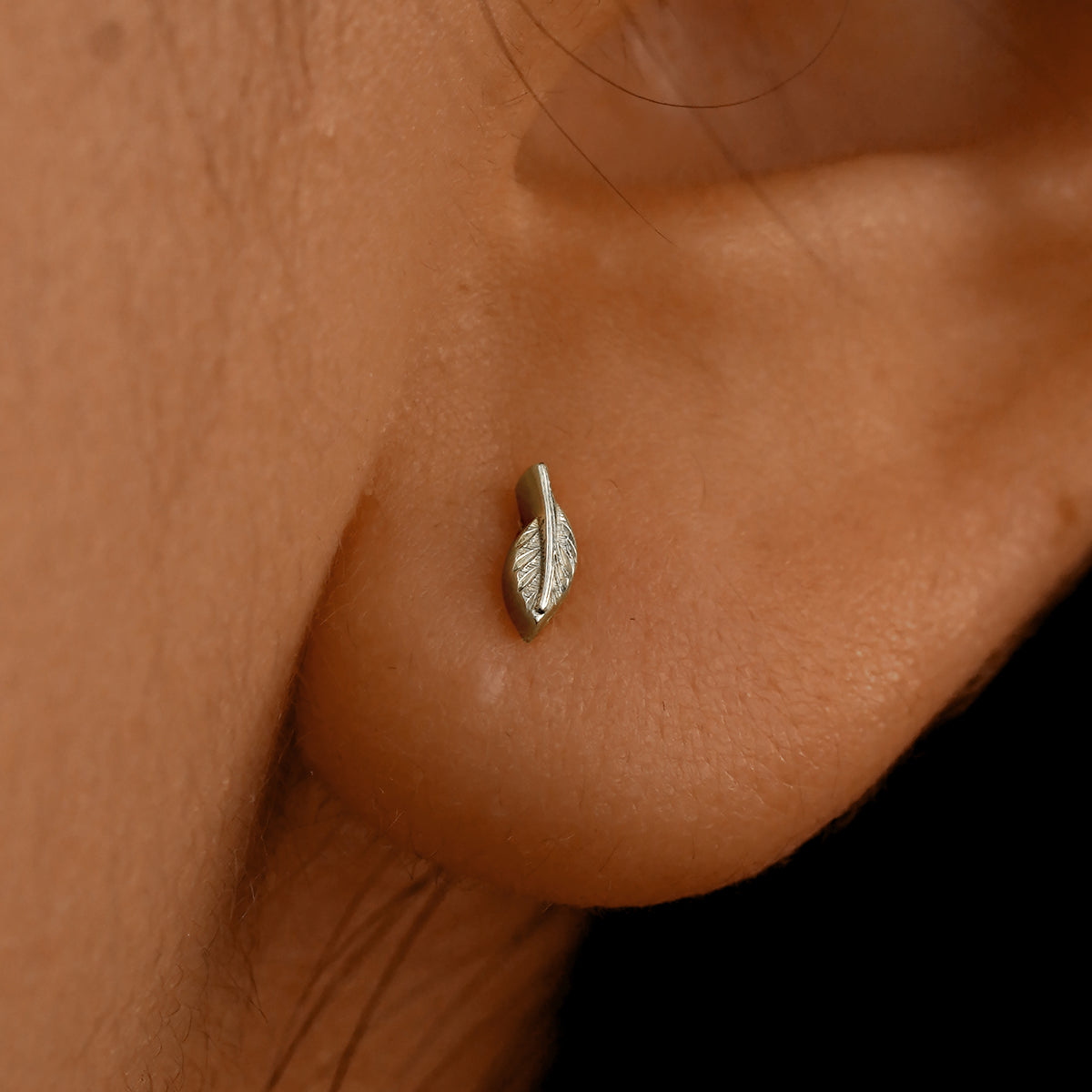 Close up view of a model's ear wearing a 14k white gold Mini Leaf Flatback Piercing 