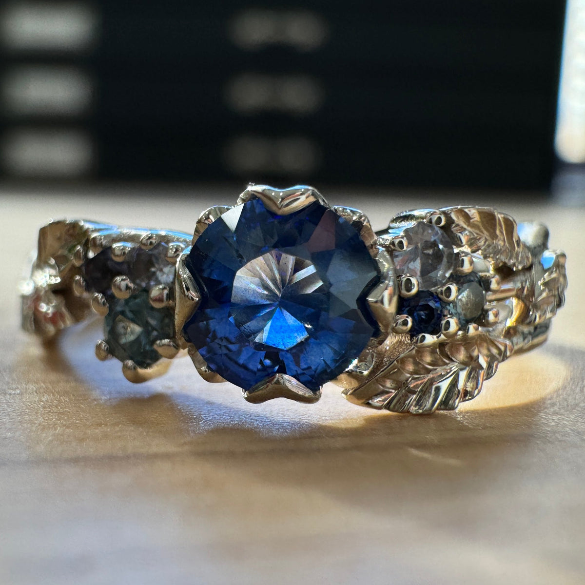 14k Champagne Gold Flower Prongs Set 0.57ct Blue Sapphire with Sapphires Cluster Leaves Band Custom Engagement Ring