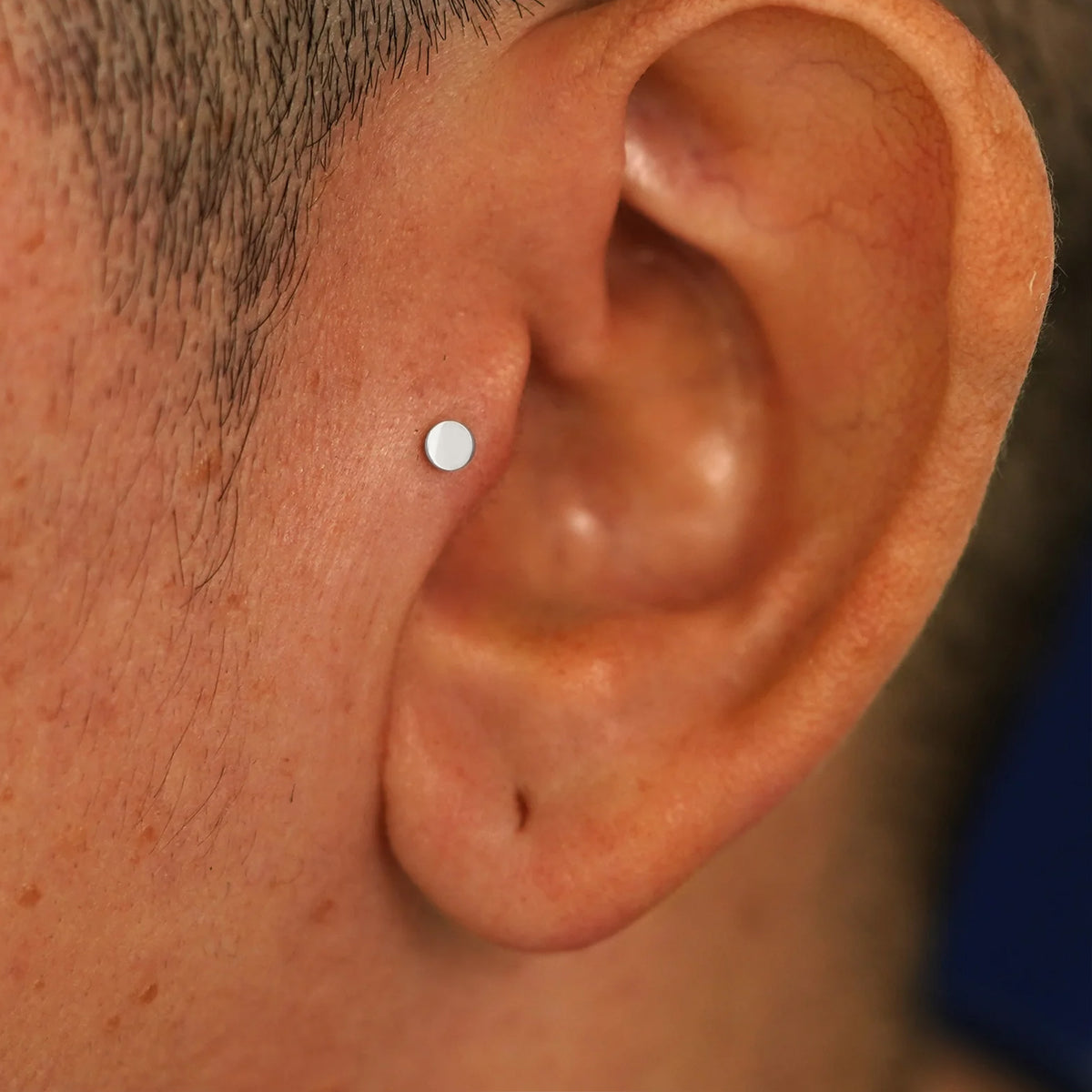 A model's ear wearing a 14k white gold Small Circle Flatback in a tragus piercing