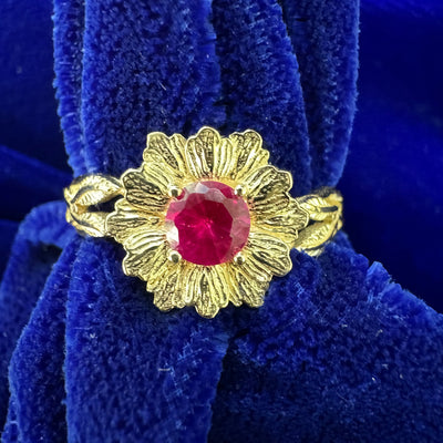14k Yellow Gold Low-bezel-set 0.54ct 5mm AAA Quality Round Ruby Inside Gold Coreopsis Flower on Leaves Band Custom Ring, size 7.25