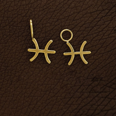 Two 14 karat Yellow solid gold Pisces Horoscope Charms shown in the For Chain and For Earring options