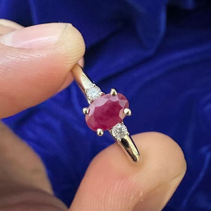 14k Champagne Gold 5x3mm 0.63ct Oval Ruby with 2 Small Moissanites on 2mm Band Custom Ring