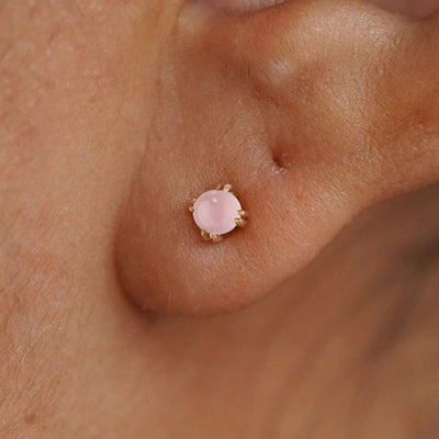 Close up view of a model's ear wearing a 14k yellow gold Rose Quartz Earring