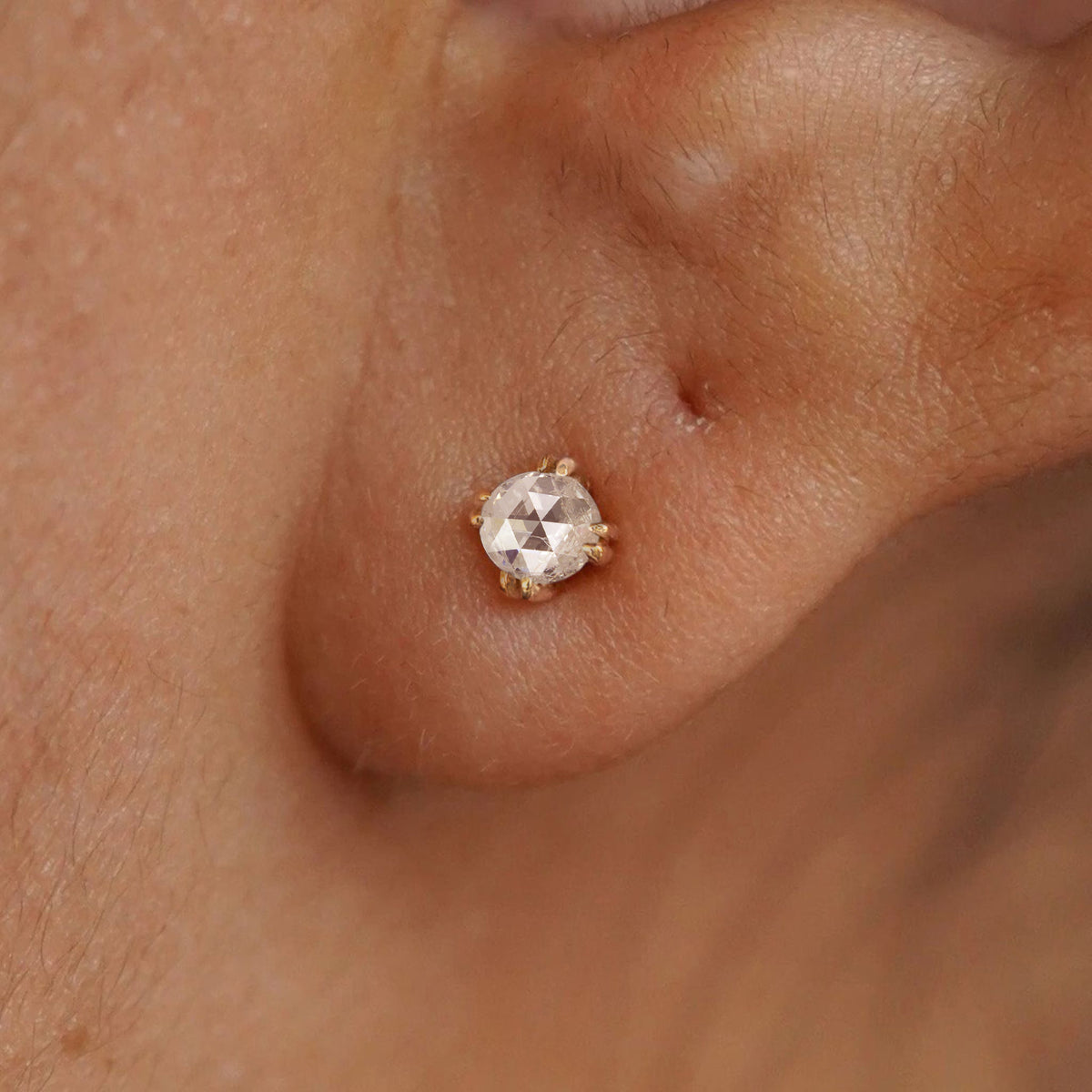 A model's ear wearing a 14k solid yellow gold Rose Cut Diamond Earring