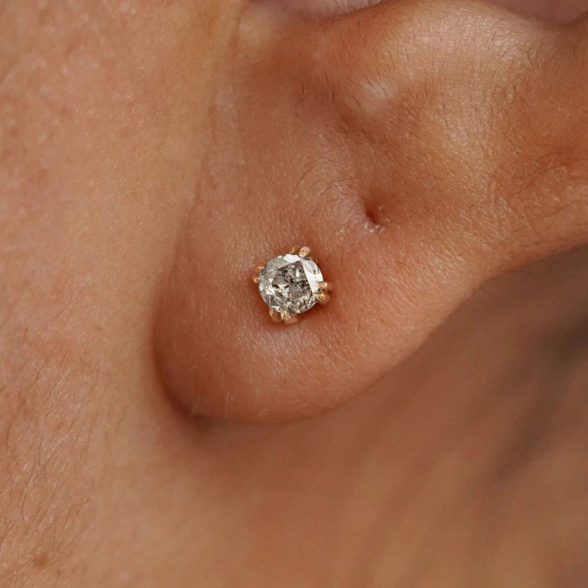 A model's ear wearing a 14k yellow gold Salt and Pepper Diamond Earring