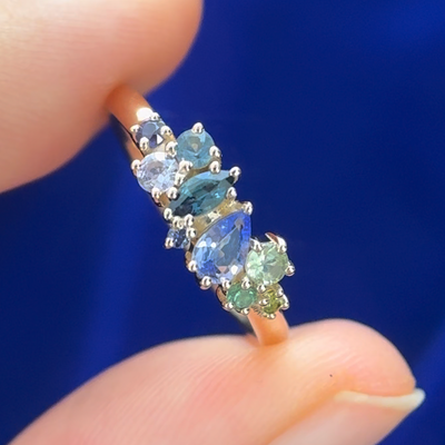 14k Yellow Gold with 0.85ct Green-blue-purple Sapphires Custom Cluster Ring, size 6
