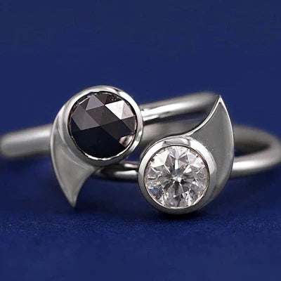 14k White Gold Brilliant Cut White Diamond and Rose Cut Black Diamond Ying Yang Inspired Custom Couple Matching Rings Set