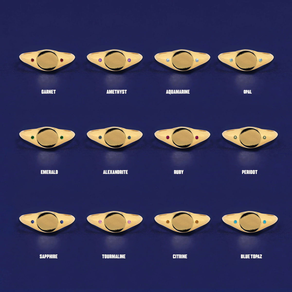 Twelve versions of the solid yellow gold Gemstone Signet Ring showing all of the different stone options