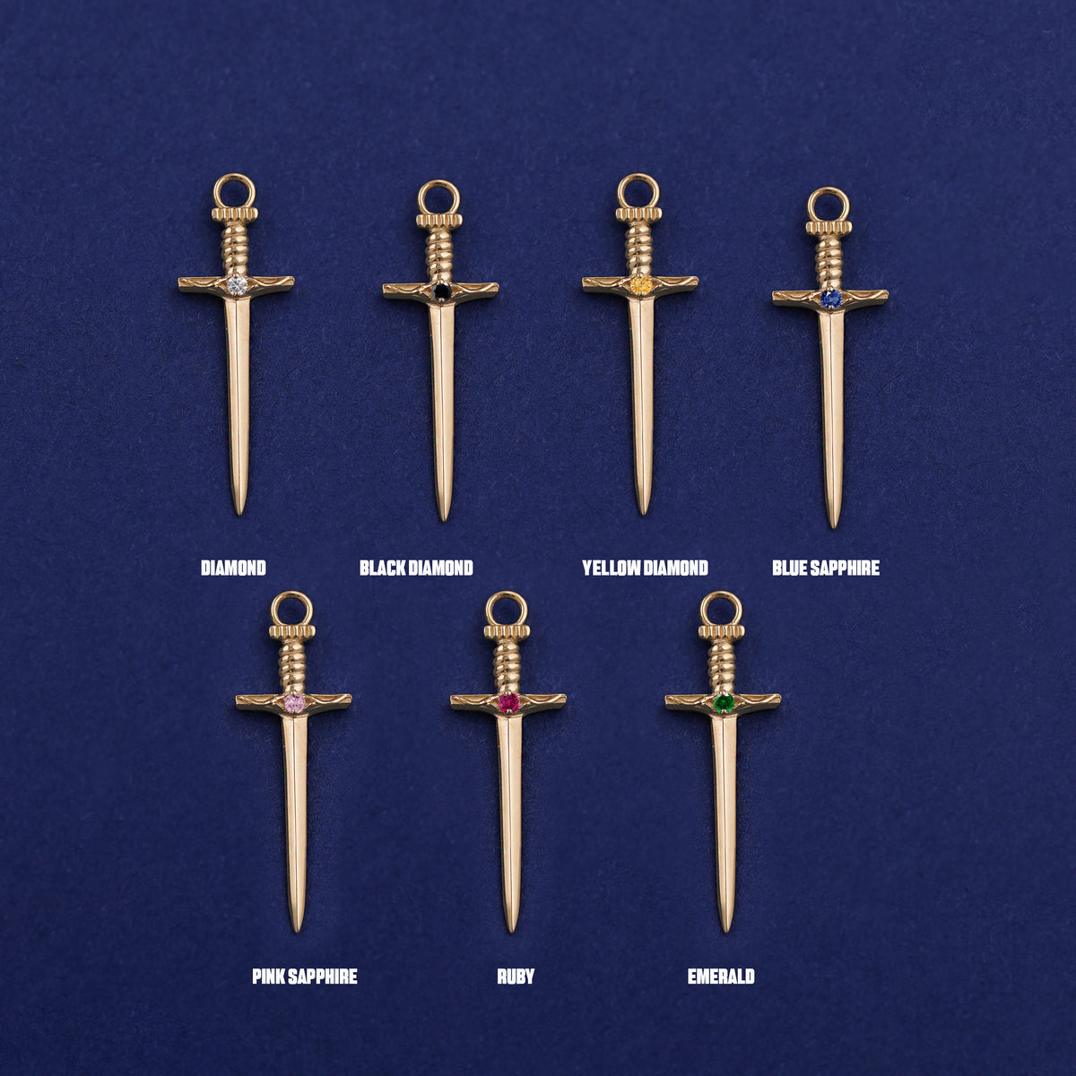 Seven versions of the Sword Charm showing all the gemstone options laid out on a dark blue background